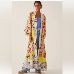 Anthropologie Multicolor Floral Kimono NO BELT One Size Tiered